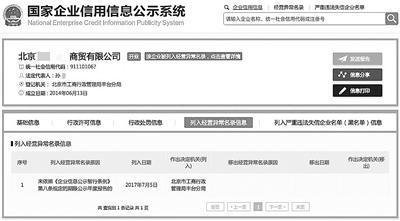 工商信息顯示,,目前在孫晴名下的北京公司已列入經營異常名錄