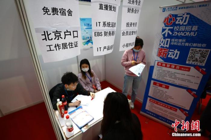 資料圖：高校學(xué)生與招聘單位工作人員交流。中新社記者 富田 攝