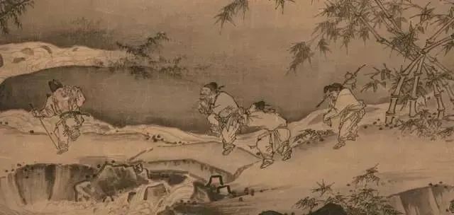 宋代馬遠(yuǎn)（1140-1225）以農(nóng)民勞動為繪畫主題的《踏歌圖》，田埂上是一群農(nóng)民歡笑踏歌,。